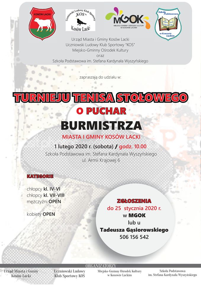 Plakat - Turniej Tenisa Stołowego o puchar Burmistrza Miasta i Gminy Kosów Lacki 2020