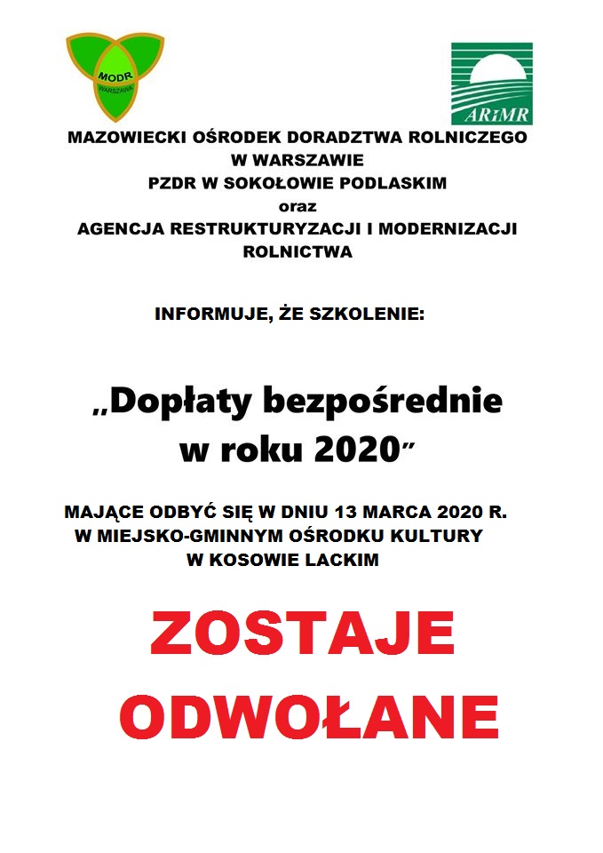 Plakat - Szkolenie "Dopłaty bezpośrednie" - szkolenie odwołane