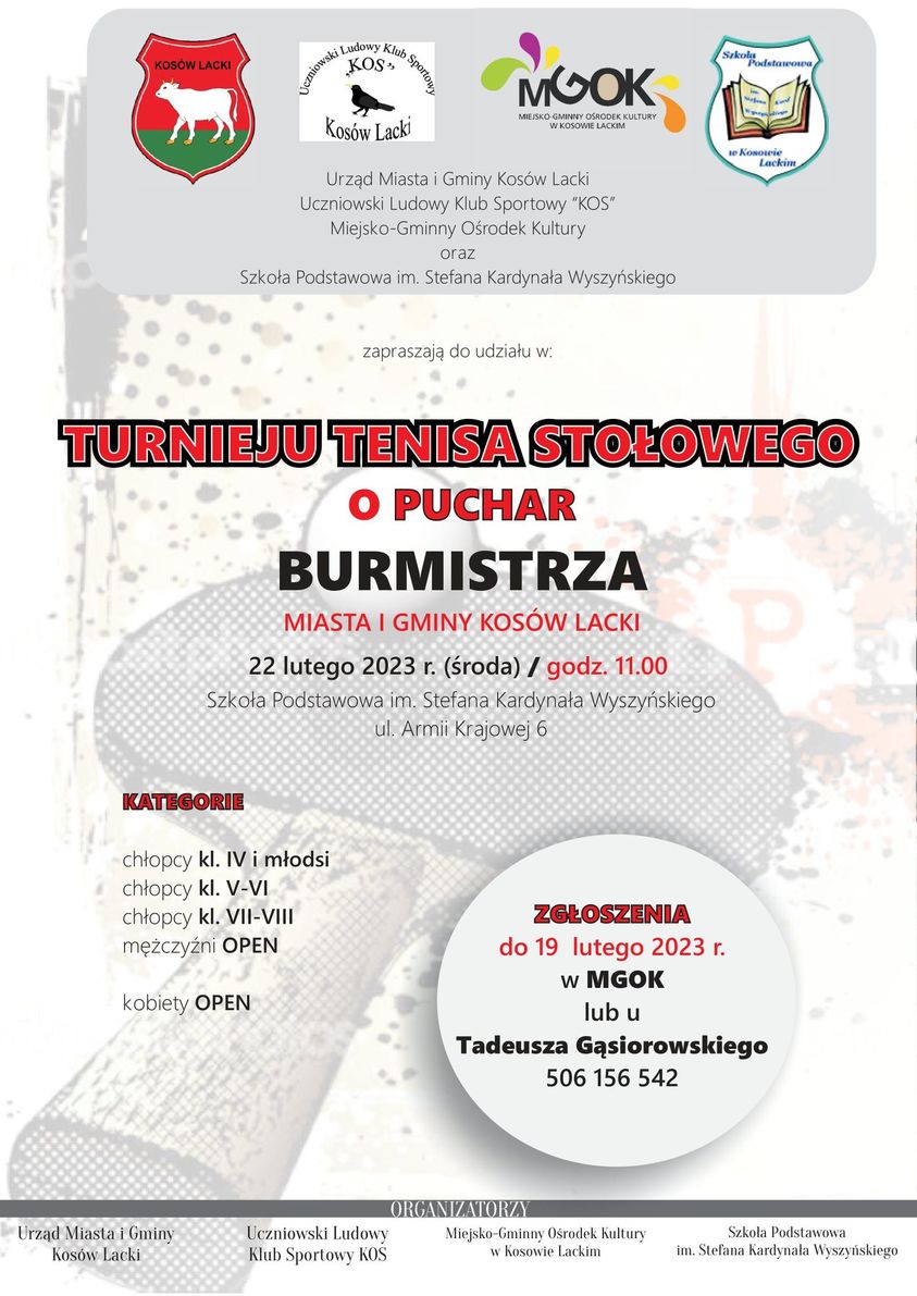 Turniej tenisa stołowego o puchar burmistrza miasta i gminy kosów lacki 2023 - plakat