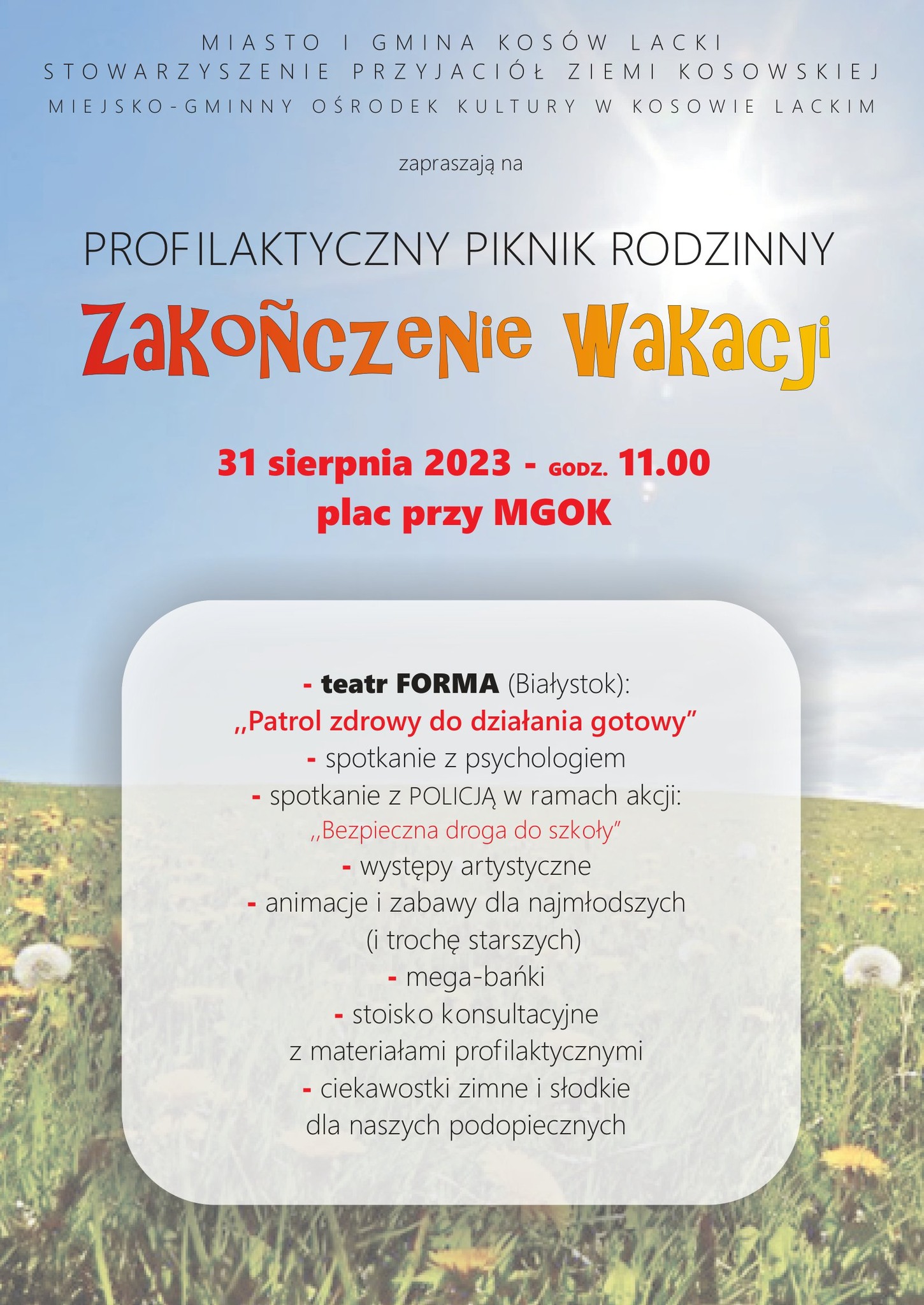 Profilaktyczny piknik rodzinny "Zakończenie wakacji 2023" - plakat