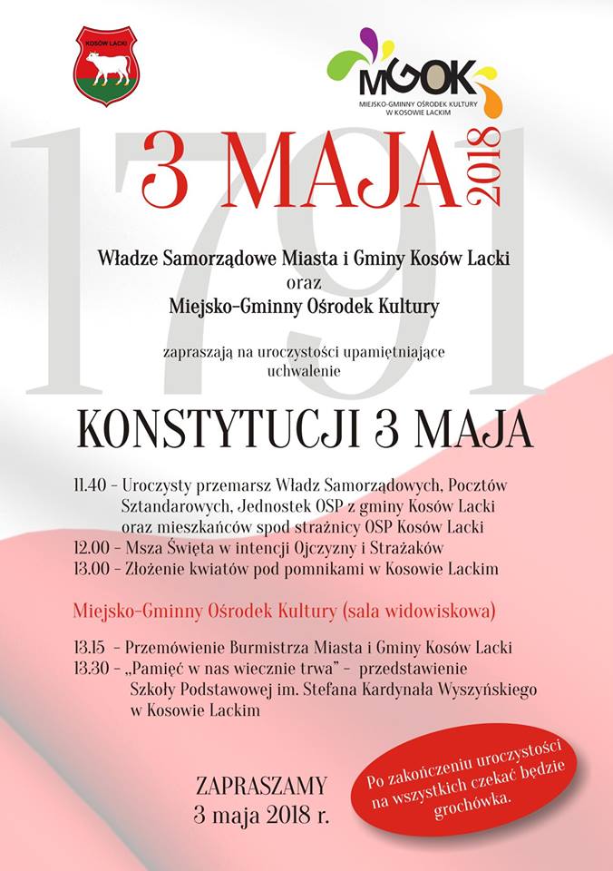 Plakat - Obchody Uchwalenia Konstytucji 3 Maja w Kosowie Lackim