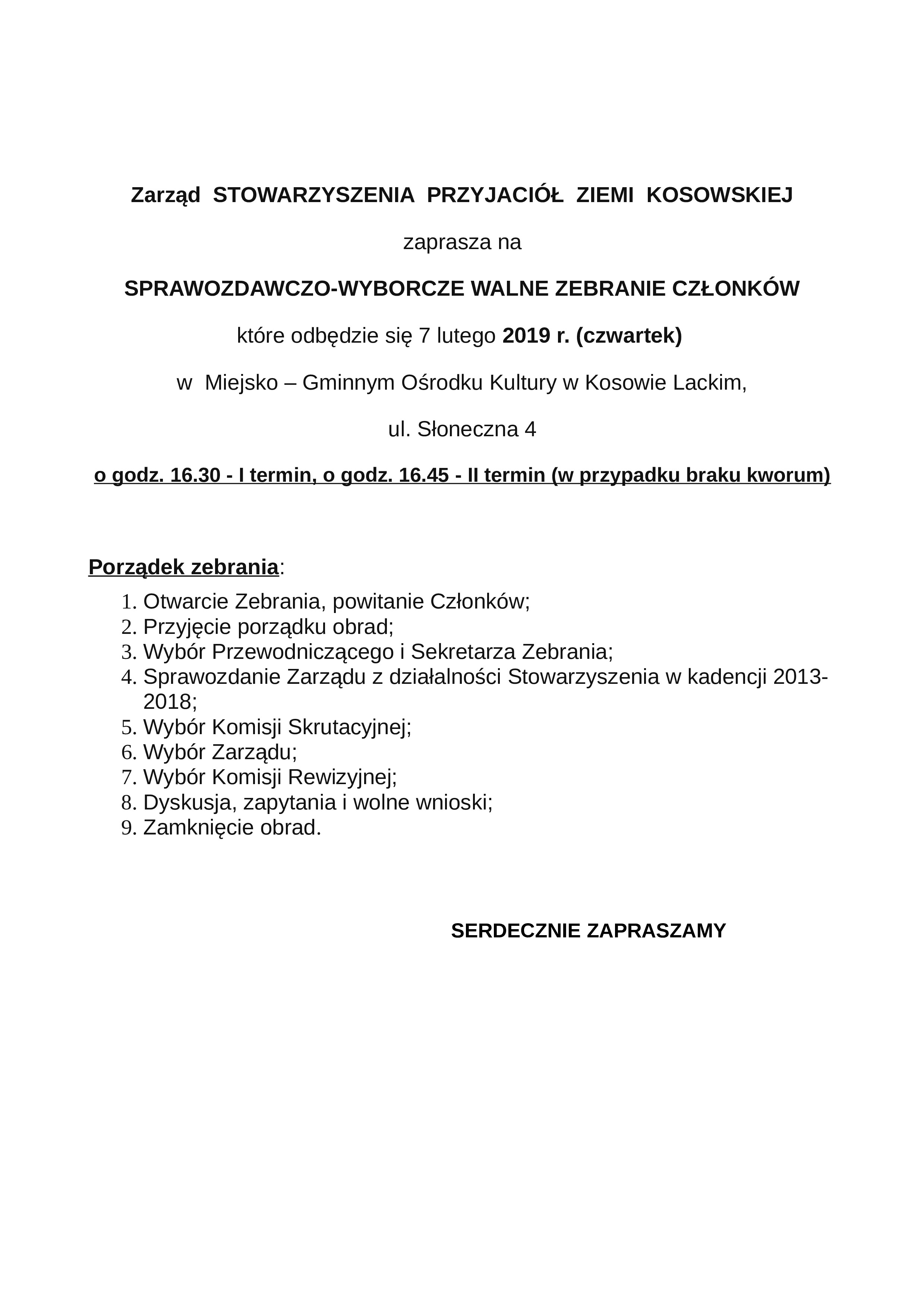 Plakat - Stowarzyszenie Przyjaciół Ziemi Kosowskiej  -  zebranie  sprawozdawczo  wyborcze