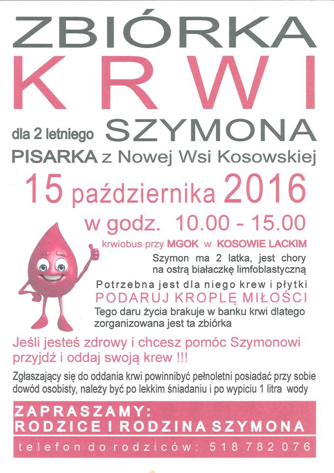 Plakat - Zbiórka Krwi dla Szymona